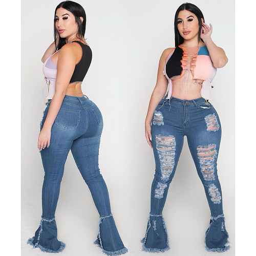Versatile Washable Ripped Spliced Micro Flared Jeans HSF-2345