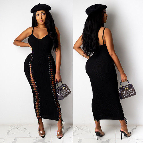 Sexy V-neck Sleeveless Bodycon Hollow Lace Up Dresses FSX-80