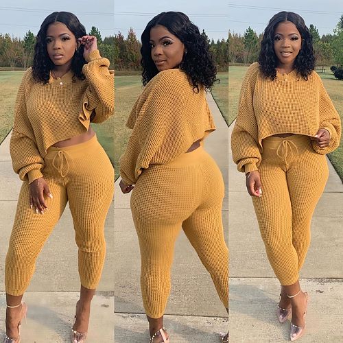 Autumn Sweater Knit Long Sleeve Crop Top Leggings Suit SD-1080