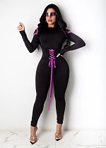 Women Solid Color Long Sleeve Lace-Up Skinny Jumpsuit SHA-6182