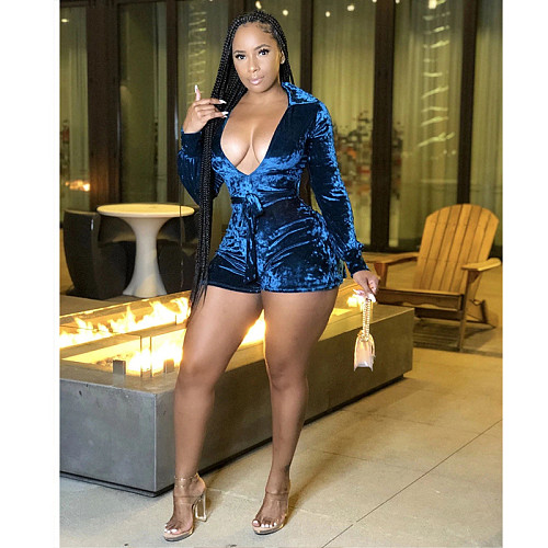 Velvet Solid V Neck  Long Sleeve High-waist Short Rompers YF-9751
