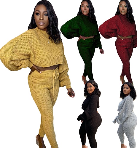 Autumn Sweater Knit Long Sleeve Crop Top Leggings Suit SD-1080