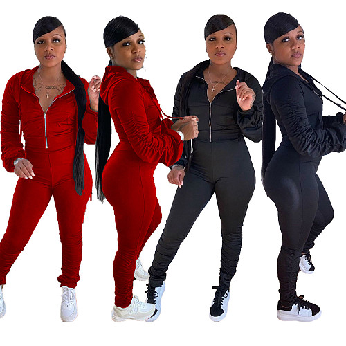 Solid Color Pleated Zipper Hooded Top Leggings 2 Pieces XY-9062