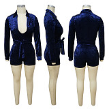 Velvet Solid V Neck  Long Sleeve High-waist Short Rompers YF-9751
