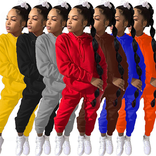 Solid Long Sleeve Hooded Top Pants Two Pieces Set SHA-6199