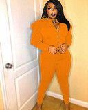 Winter Color Puffy Sleeve Zipper Top Skinny Pants Suit MAE-2061