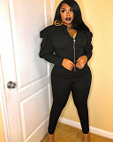 Winter Color Puffy Sleeve Zipper Top Skinny Pants Suit MAE-2061