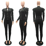 Winter Color Puffy Sleeve Zipper Top Skinny Pants Suit MAE-2061