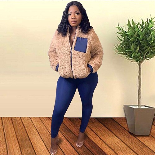 Winter Splicing Plush Long Sleeve Zipper Coat Leggings Suit QZX-6175