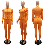 Winter Color Puffy Sleeve Zipper Top Skinny Pants Suit MAE-2061