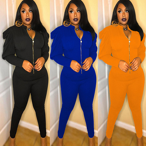 Winter Color Puffy Sleeve Zipper Top Skinny Pants Suit MAE-2061