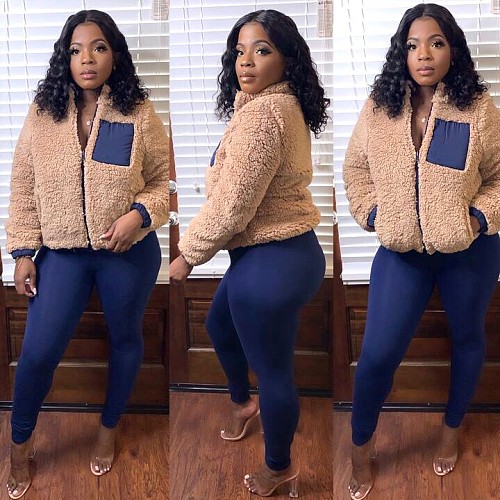 Winter Splicing Plush Long Sleeve Zipper Coat Leggings Suit QZX-6175