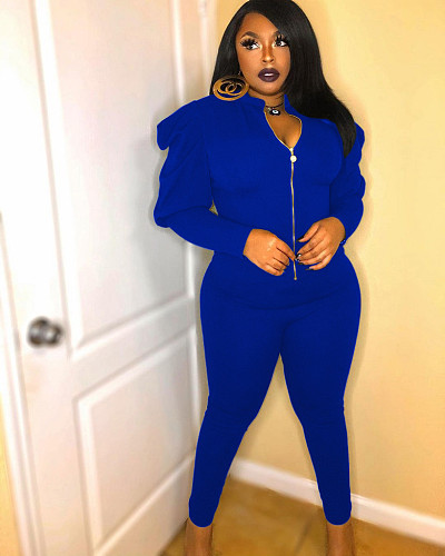 Winter Color Puffy Sleeve Zipper Top Skinny Pants Suit MAE-2061