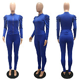 Winter Color Puffy Sleeve Zipper Top Skinny Pants Suit MAE-2061