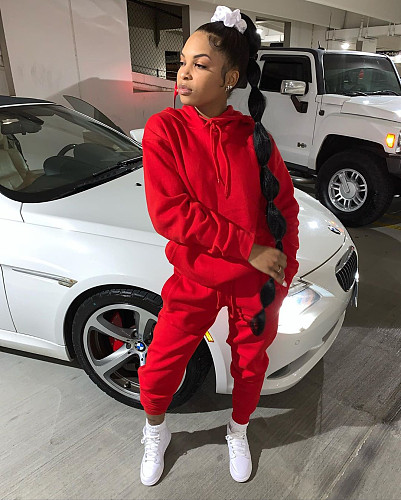 Solid Long Sleeve Hooded Top Pants Two Pieces Set SHA-6199