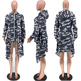 Leopard Camouflage Print Hooded Long Sleeve Irregular Coat XMY-9220