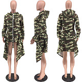 Leopard Camouflage Print Hooded Long Sleeve Irregular Coat XMY-9220