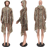 Leopard Camouflage Print Hooded Long Sleeve Irregular Coat XMY-9220