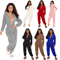 Winter Sleepwear Long Sleeves Hooded Plush Jumpsuit TE-4133