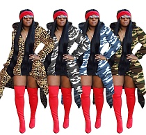 Leopard Camouflage Print Hooded Long Sleeve Irregular Coat XMY-9220