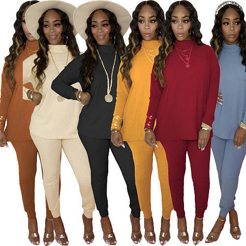 Winter Women Solid Long Sleeve Turtleneck Top Pants Tracksuit LS-0329