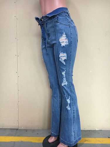 Women Thin Vintage Mid Waist Stretch Ripped Flared Jeans ORY-5175