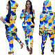 Abstract Print Zipper Hooded Jacket Skinny Pants Outfit FNN-8529