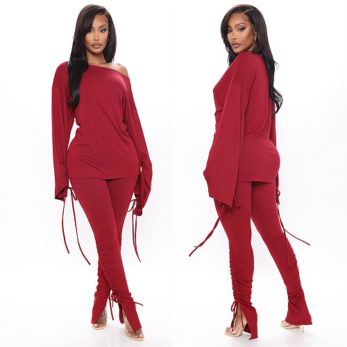 Hot Style Solid Long Sleeve Blouse Skinny Pants 2 Piece Set LSL-6394
