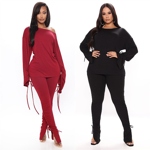 Hot Style Solid Long Sleeve Blouse Skinny Pants 2 Piece Set LSL-6394