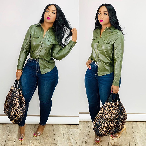 Winter Solid PU Leather Long Sleeve Shirt Blouse OY-6233