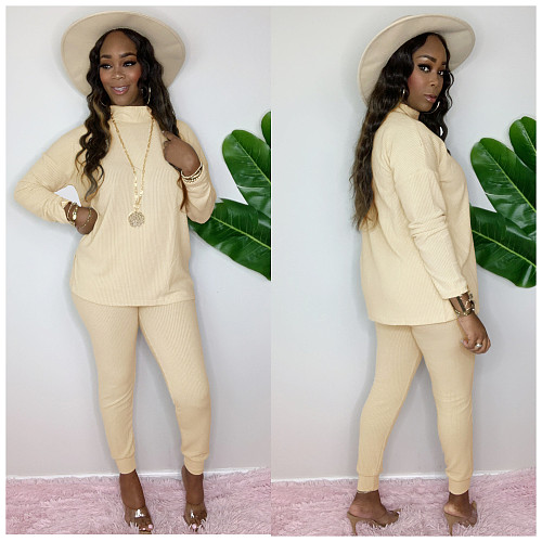 Winter Women Solid Long Sleeve Turtleneck Top Pants Tracksuit LS-0329