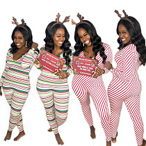 Womens Color Striped Printed Long Sleeve Skinny Jumpsuit MK-3036