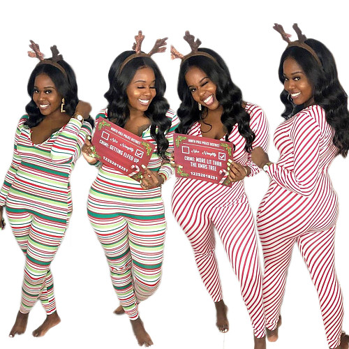 Womens Color Striped Printed Long Sleeve Skinny Jumpsuit MK-3036