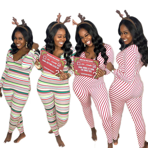 Womens Color Striped Printed Long Sleeve Skinny Jumpsuit MK-3036