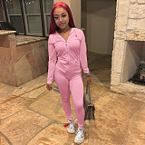 Women's Solid Color Zip-up Hooded Top Slim Pants Set FSL-117