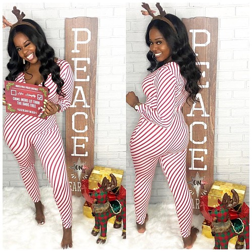 Womens Color Striped Printed Long Sleeve Skinny Jumpsuit MK-3036