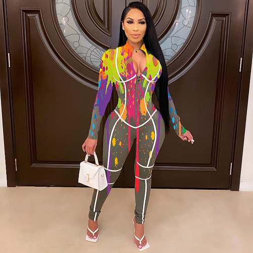Inkjet Print Full Sleeve Stand Collar Elastic Skinny Jumpsuit SD-2974