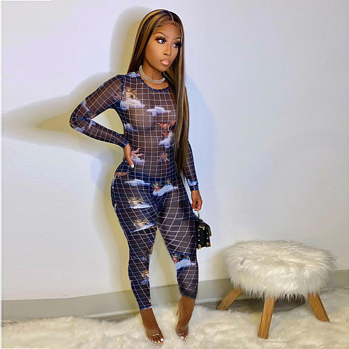 Fashion Angel Print See-through Long Sleeve Jumpsuit ABL-6631