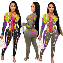 Inkjet Print Full Sleeve Stand Collar Elastic Skinny Jumpsuit SD-2974