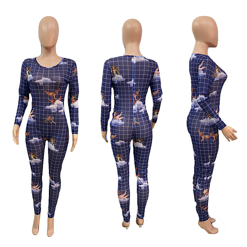 Fashion Angel Print See-through Long Sleeve Jumpsuit ABL-6631