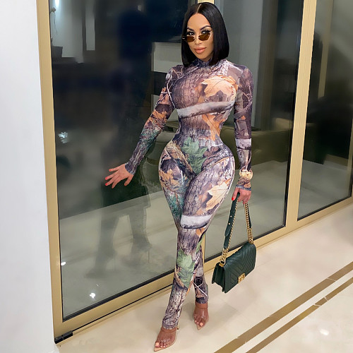 Autumn Digital Printed Long Sleeve Skinny Jumpsuit CHY-1291