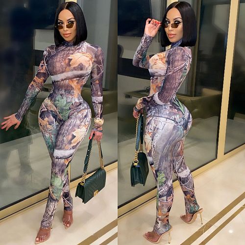 Autumn Digital Printed Long Sleeve Skinny Jumpsuit CHY-1291