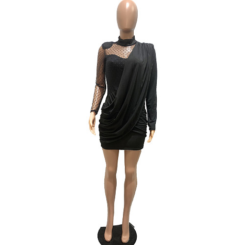 Sexy Gauze Mosaic Irregular Long Sleeve Mini Dress LUO-6356