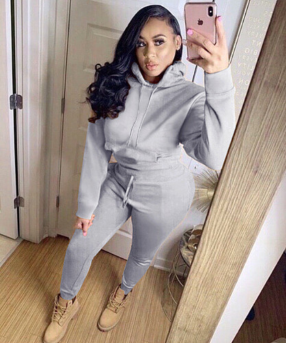 Hot Style Solid Color Hoodie Sweatpants Two-piece Set QZX-6178