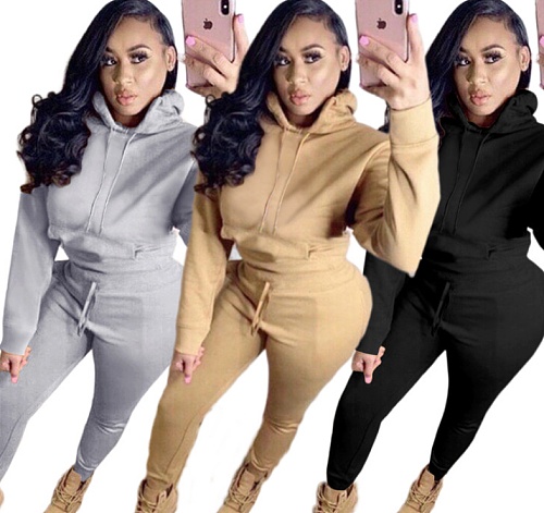 Hot Style Solid Color Hoodie Sweatpants Two-piece Set QZX-6178