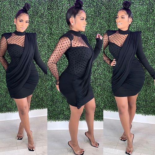 Sexy Gauze Mosaic Irregular Long Sleeve Mini Dress LUO-6356