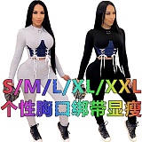Long Sleeve Lace Up Crop Top Skinny Pants Two Piece Set MDF-5182