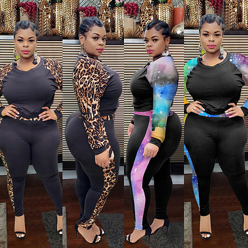 Printed Stitched Long Sleeve T-shirt Pant Plus Size Outfit NY-2016