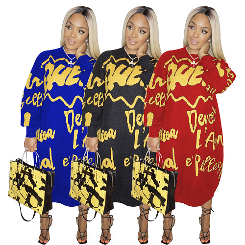 Streetwear Women Long Sleeve Letter Print Loose T Shirt Dress AIL-136