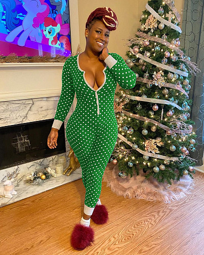 Winter Wave Dot Printed Long Sleeve Pajama Jumpsuit AIL-139